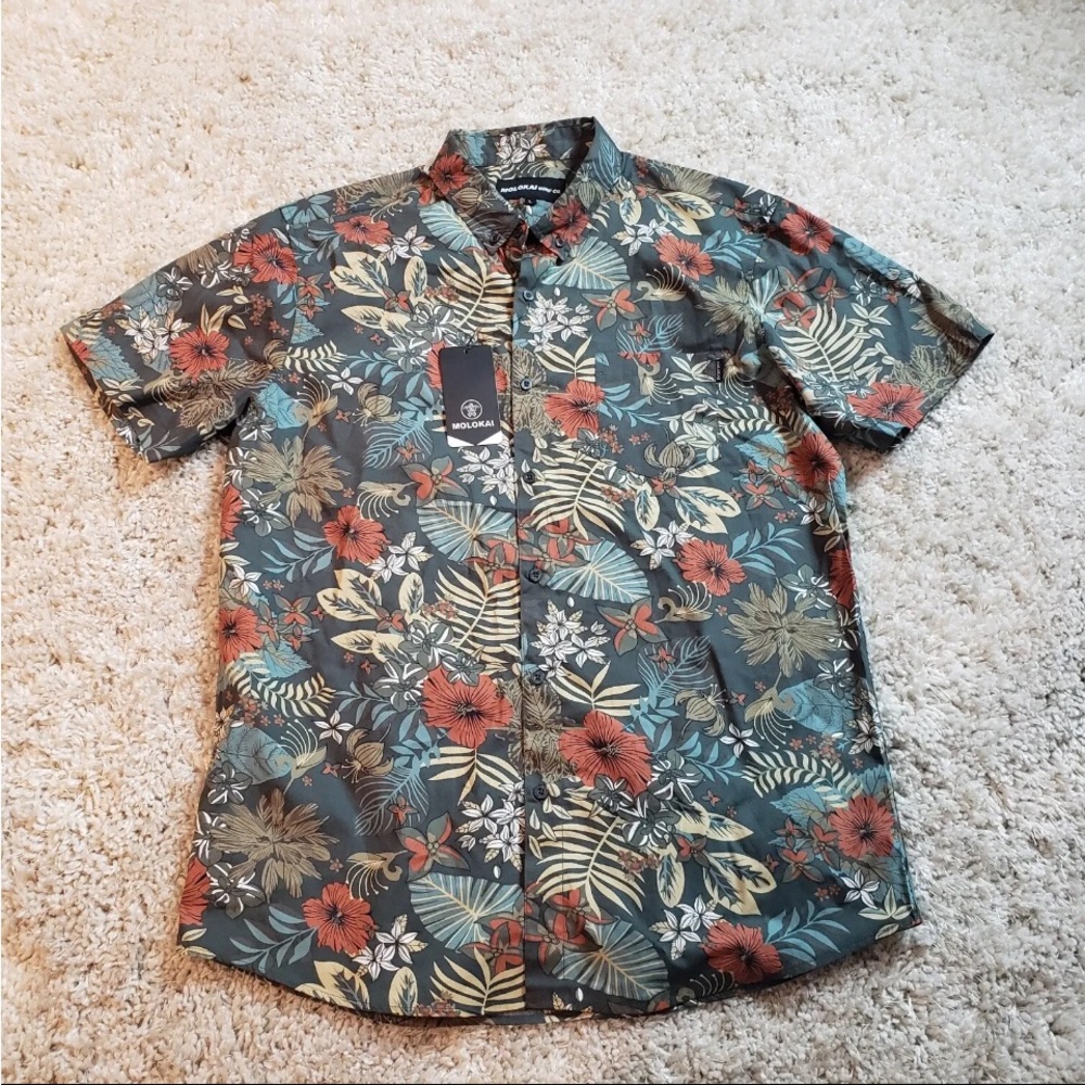 MOLOKAI Mens large Olive Green Tropical Floral Leaves Button Up short Sleeve